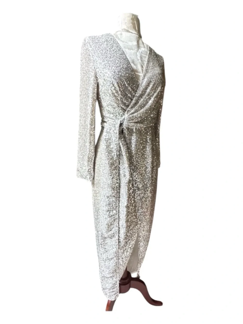 Resa Cher Maxi Wrap Dress Silver Sequins Excellent Size S - Picture 2 of 11